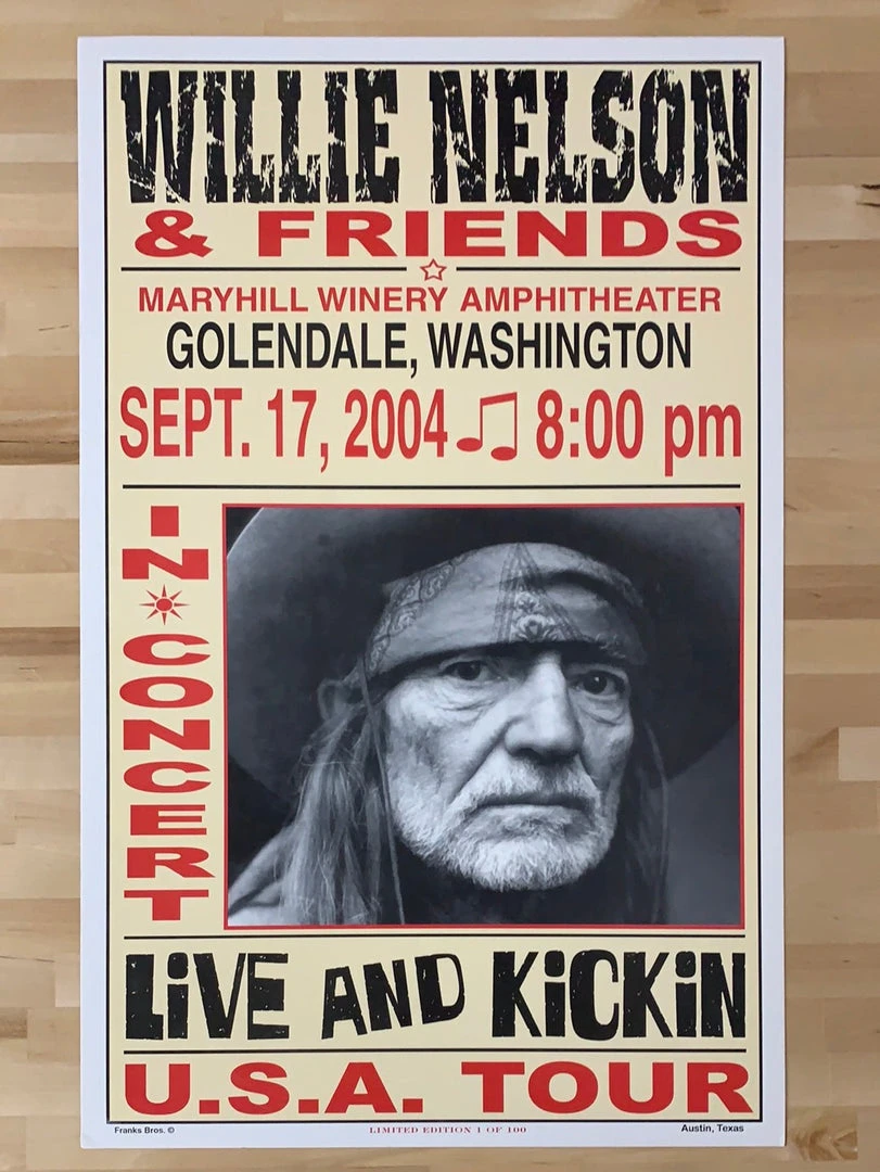 Willie Nelson - 2004 Franks Brothers 9/17 Poster Golendale, WA Gig Posters 4 Willie Nelson - 2004 Franks Brothers 9/17 Poster Golendale, WA Gig Posters