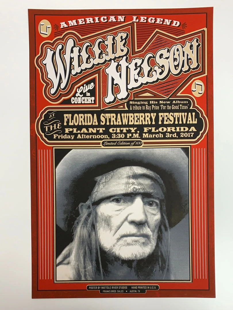 Gig Posters Willie Nelson - 2017 Mattole River Studios Poster Plant City, FL 4 Gig Posters Willie Nelson - 2017 Mattole River Studios Poster Plant City, FL